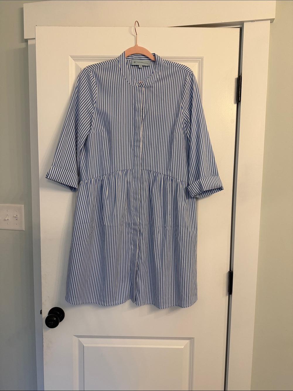 Tuckernuck Blue-and-White Vertical Stripe Midi Shirt Dress